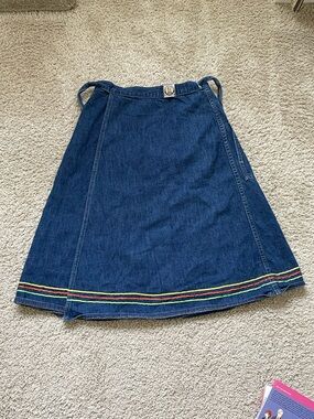 Rumble Seats by Wilkins Vintage Denim A-Line Skirt with Multicolor Hem Trim